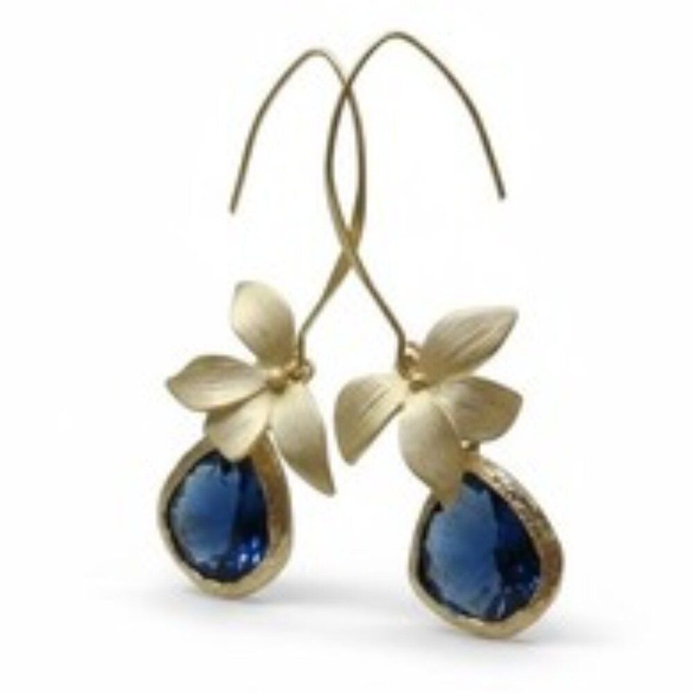 Earrings Sapphire Blue & Gold Orchid Catching Light Reflections "Love in Blues"